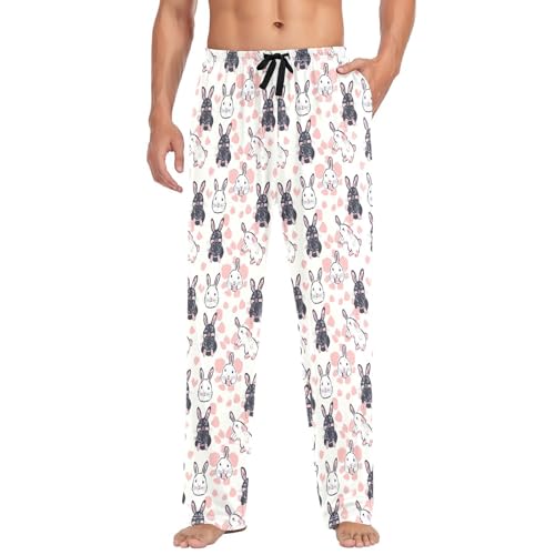 Men's Pink Bunny Pattern Pajama Pants with Pockets - Straight Fit Cotton Sleep Bottoms for Lounge & Nightwear#850