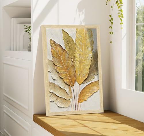 Image of ArtX Paper Leaf Paintings For Living Room, Bedroom, Natural Wood Color Frames, Multicolor, 12.0 x 18.0 inch, Set of 2