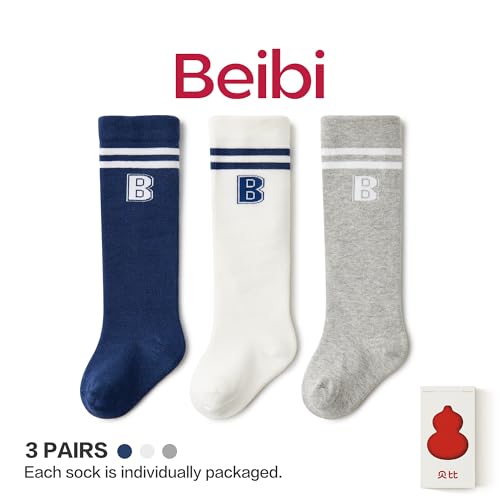 Beibi 3 PCS Baby Socks, Toddler Knee High Socks, Organic Cotton Newborn Stockings for Little Girls & Boys, Infants Kids2