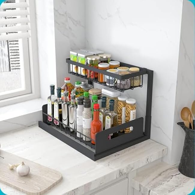 Under Sink Organizer, Pull Out Cabinet Organizer 2 Tier Slide Out Sink Shelf Cabinet Storage Shelves, Under Sink Storage for Kitchen Bathroom Cabinet (Black)