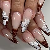 BABALAL Brown Press on Nails Almond Medium Fake Nails Cheetah French Tip Design Fall Acrylic Nails Coquette Stiletto False Nails 24Pcs Manicure Full Cover Stick on Nails