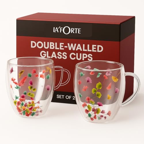 Image of La' Forte LA' Vite Set of 2 - 250ml Double-Walled Borosilicate Glass Cups | Transparent Insulated Coffee Mugs for Hot & Cold Beverages with Real Dried Flowers Inside (Plain)