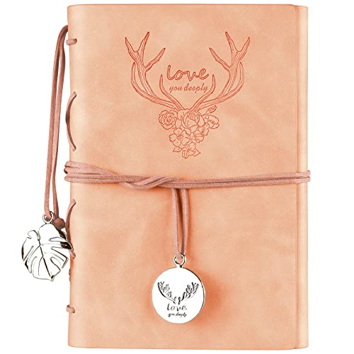 Carnet de notes en cuir rechargeable pour femmes filles et filles en papier ligné avec poches de classeur, journal de voyage rétro cadeau A6 18 cm x 13 cm (rose) Cover