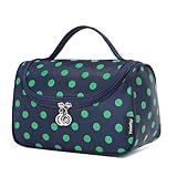 Toiletry Bag Cute Polka Dots, Yeiotsy Stylish Travel Makeup Bag with Brushes Holders for Women Cosmetic Organizer Cute (Navy Blue)