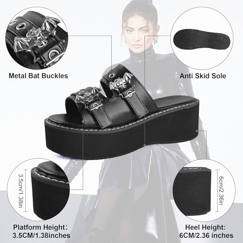 Gothniero women black platform sandals goth chunky wedge heel summer sandals girls gothic punk platform sandals for women metallic spider buckles slides size 5.5-112