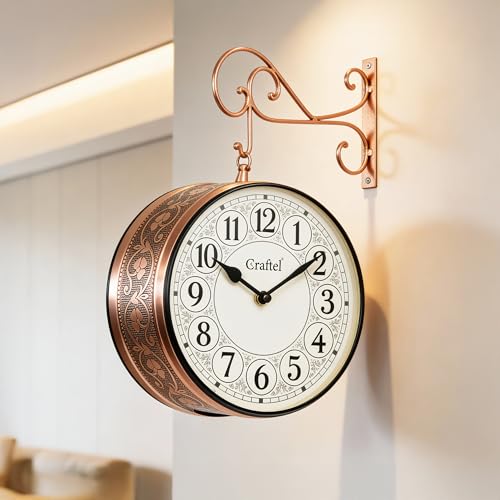 Image of CRAFTEL Double Sided Station Wall Clock | English & Roman Numerals with Aluminum Dial | Gift for Home Hall Living Room | Dial 10 Inch, Rose Gold