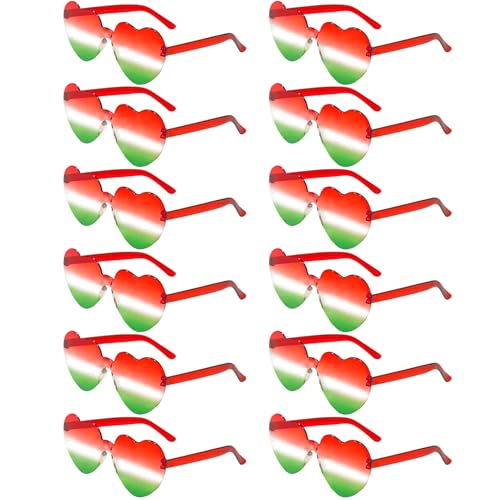LYMOJOR 12 Pairs Christmas Day Heart Sunglasses for Women Rimless Red White and Green Heart Glasses for Women Party