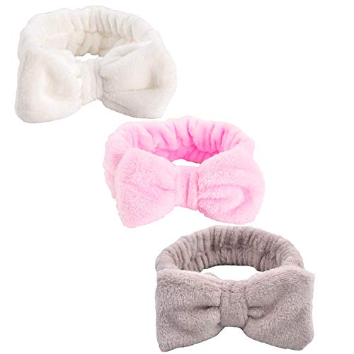 Spa Headband, Goodsnetic 3 Pieces Microfiber Bowtie Makeup Headband Bow Hair Band Elastic Headwraps Adjustable Hairhand Washing Face Shower Yoga Sports Facial Cosmetic