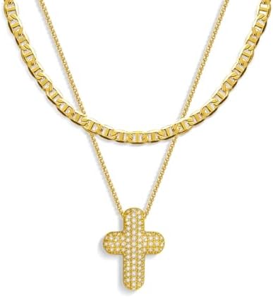 OGD Layered Gold Necklaces for Women 14k Gold Plated Cross Necklace for Women Stackable Stacked Stacking Dainty Gold Necklace Mariner Chain Necklace CZ Cross Pendant Necklaces Set Simple Jewelry Gift