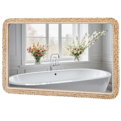FUIN Large Wall Mirror, Wood Frame with Braided Seagrass and Wooden Bead by FUIN - Used condition - Image 2