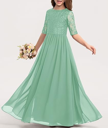 Hosika Flower Girls Dress High Waist A-Line Lace Wedding Junior Bridesmaid Maxi Dresses Light Green 12-13 Years thumb #1
