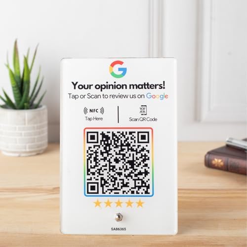 Review NFC Standee with QR Code | Boost Business Reviews with Tap or Scan | Pre-Configured | UV Printed Acrylic | 4 Inches x 6 Inches | With Dashboard