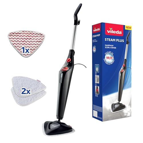 Vileda Steam Plus Dampfreiniger mit PowerPad und 2 Mikrofaser-Ersatzpads | Hygienischer Bodenreiniger für Fliesen, Laminat & Parkett | Aufheizzeit: 15 Sekunden | Eco-Verpackung