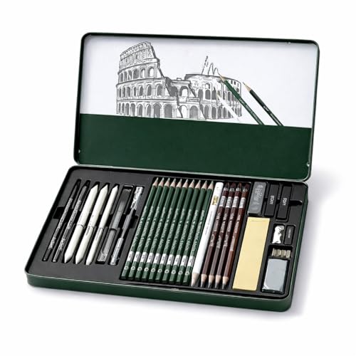 Kit Lápis de Desenho Profissional 28 Peças com Estojo Portátil, Lápis Artísticos, Borrachas, Estilete e Acessórios para Artistas e Estudantes Linha Super Premium