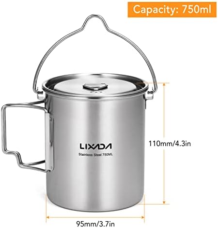 Lixada Camping Water Cup with Foldable Handles and Lid 750ml Stainless Steel Mug Hanging Pot for Camping Hiking Backpacking Picnic