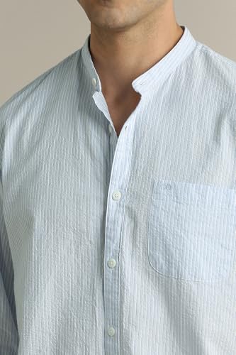 Image of Peter England Men's Casual Mandarin Collar Slim fit Full Sleeve Shirt in 100% Cotton Seersucker with Striped Design