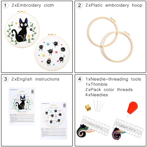 Image of Cat Embroidery Starter Kit for Beginners Adults, Animal Stamped Cross Stitch Kit for Adult Beginner, Hand Embroidery Needlepoint Kits, 2 Set Embroidery Supply, 2 Hoops (Attached Video Tutorial)