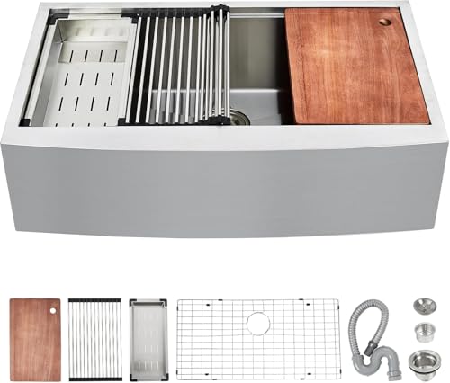 33 Inch Undermount Kitchen Sink, 33" x 22" Drop in Kitchen Sink, Stainless Steel Top Mount Sinks, 16 Gauge Single Bowl Ledge Workstation Farmhouse Apron Sinks with Multiple Accessories (33x22 inch) by EliteEdge - Used condition - US$112.60