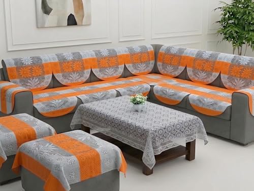 Image of Fab Nation Cotton L Shape Sofa Covers for 5 Seater Sofa Set | Sofa Slipcovers for 3 + 2 Seaters Cover with 2 Arms + 2 Setty Covers + 1 Table Cover | Orange & White