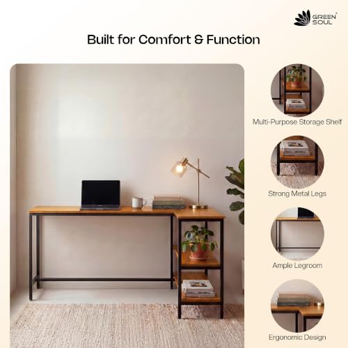 Image of Green Soul Thrive L-Shaped Study Table with Book Shelf for Home and Office | Ideal for Students and Adults | 3-Years Assurance | Coach Wood Yellow | Installation Provided
