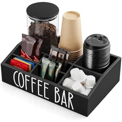 ALELION Coffee Station Organizer for Countertop - 7 Compartments Coffee Bar Accessories and Organizer with Removable Dividers - Black Coffee and Tea Condiment Organizer - Rustic Coffee Bar Decor Cover