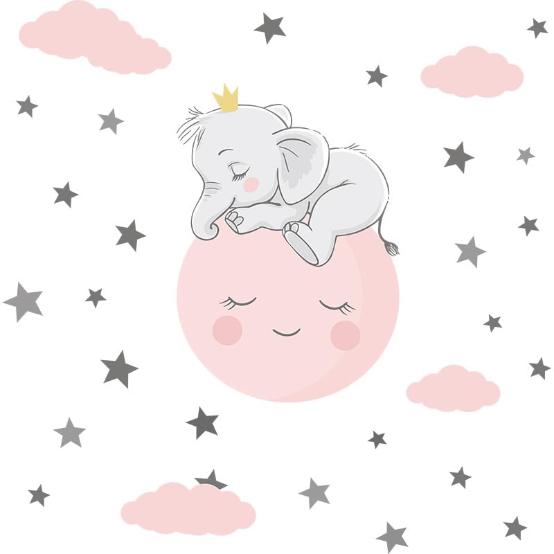 Image of Cute Elephant Sleeping on The Moon with Stars Wall Stickers Nursery Decor Wall Decals for Kids Boys Girls Bedroom Daycare Classroom Playroom and Kids Room-Self-Adhesive