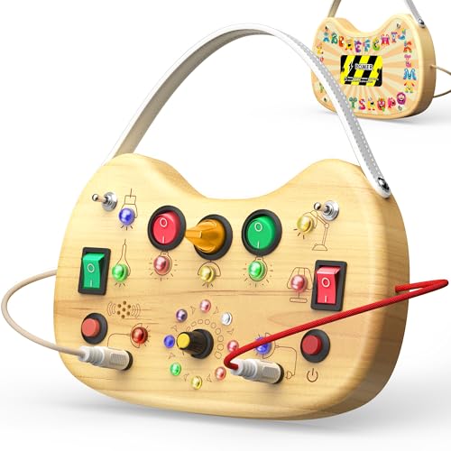 Image of UdoUto Montessori Wooden Busy Board for Toddlers with LED Light Lights & Switches,Portable Activity Board for Car & Airplane Travel Toys, Christmas & Birthday Gift for 1-3 Year Old Boys & Girls