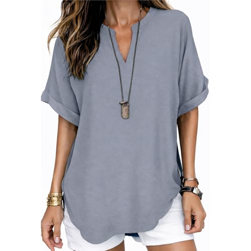 Genérico Women's Plain Short Sleeve Blouse, Summer Tops for Women Trendy Short Sleeve Cotton Linen Shirts (Gray,L)