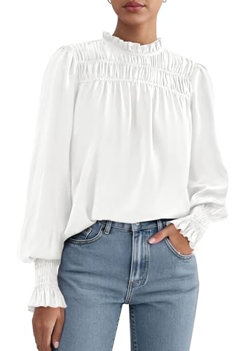 PRETTYGARDEN Blouses for Women Dressy Casual Fall Outfits 2025 Frill Neck Long Sleeve Shirts Satin Work Business Casual Tops(White,Small)