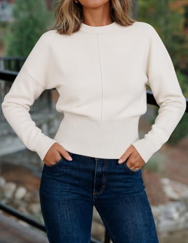 Image of ZESICA Women's Fall Sweaters Crewneck Cinched Waist Pullover Tops
