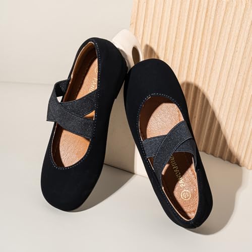 PANDANINJIA Girls Dress Shoes Ballet Flats Mary Jane Elastic Cross Strap Little Big Kid Low Heels Flower Girl Shoes4
