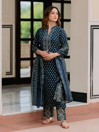 Image of Arayna Women's Pure Cotton Printed Kurta Pant Dupatta Set with Hand-Finished Embroidered Neckline | Straight Ethnic Suit Set for Women