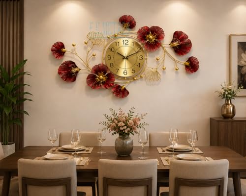 Image of MK Craft and Decor Large Metal Wall Clock for Home Decor | New Floral Design Decorative Wall Clock | Premium Metal Wall Art | Red & Gold Finish