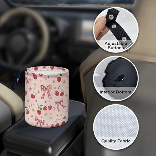 Image of Car Trash Can Pink Cherry Bow Collapsible Portable Small Car Garbage Bin for Front Seat, Back Seat, Floor, Headrest Rubbish Bin Universal for SUV Trucks