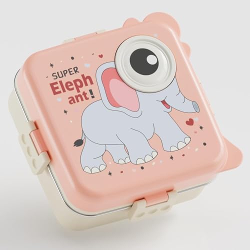 Image of TEKCOOL Kids Lunch Box for School, Stainless Steel Insulated Tiffin Box with Spoon, Leak Proof 3 Compartments Bento Box, BPA Free Food Grade Lunch Box for Kids, 1120 ml + 70 ml (Pink, Super Elephant);