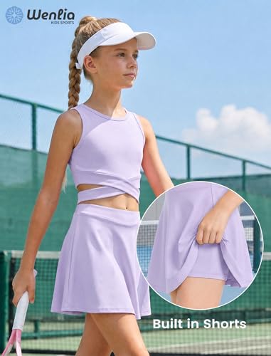 Image of Wenlia Girls Tennis Dress Sleeveless Golf Outfit 2 PCS Athletic Dress Activewear Set with Built in Shorts for 5-14Y