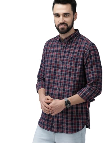 Image of THE BEAR HOUSE Men's Cotton Navy Blue & Maroon Slim Fit Checked Flannel Cotton Casual Shirt | 3XL |TBH-ARIDE-MC-3XL |