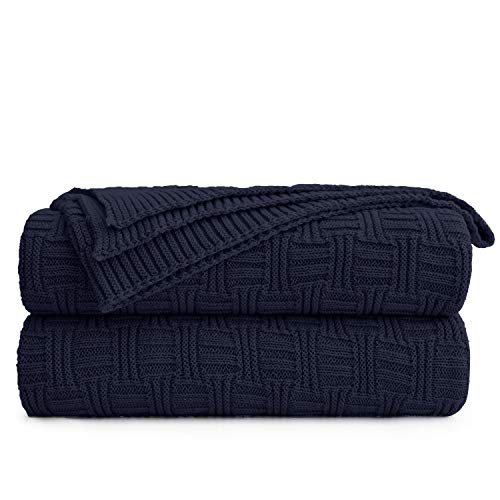 Longhui bedding Cotton Navy Cable Knit Throw Blanket for Couch Chairs Bed Beach, Home Decorative Grey Knitted Blanket, 50 x 60 Inch with a Washing Bag,Silk Bow Tie Package