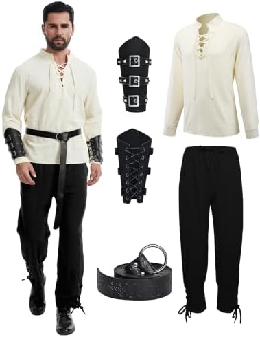QEKFDOV Mittelalter Viking Kostüm Herren Kleidung für Party | 5 Stück Renaissance Kostüm Set，enthält Hose, Hemd, Gürtel Und Armschützer Für Halloween Karneval Piraten Cosplay