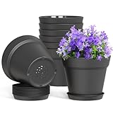 WSMKSZ 4 Inch Plastic Plant Pots with Drainage Holes and Trays – 8 Pack Small...