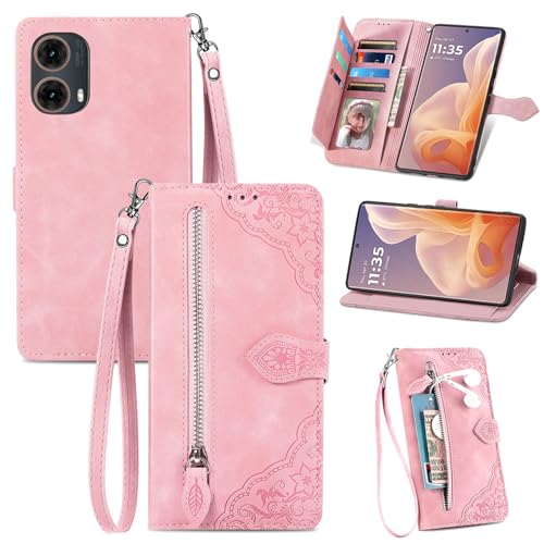Étui portefeuille Motorola G85 avec fermeture éclair et protection antichoc rose