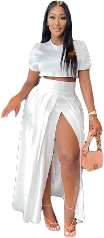 Womens Sexy Fashion 2 Pieces Solid Color Crop Top Pleated Split Dress Set Casual Dress Set - Image 2