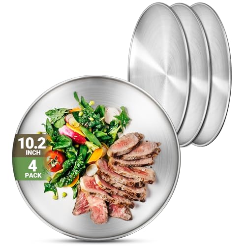 Offiper Metal Dinner Plate, 4 Pack 10.2 inch 304(18/8) Stainless Steel Plates, Reusable Lunch Salad Pizza BBQ Food Serving Snack Eating Dishes Round Shatterproof Plate Silver Dinnerware Oven Safe