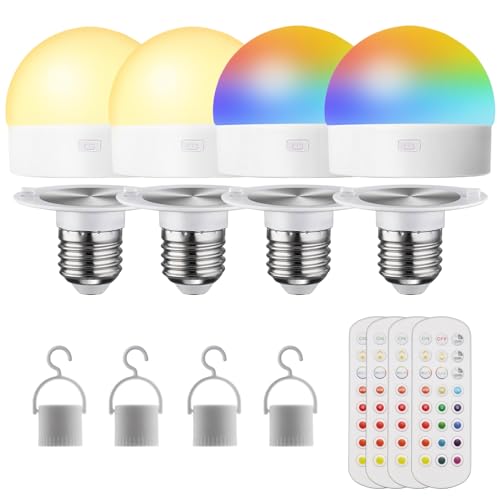 HISTAR Rechargeable Light Bulbs with Remote, E26 Battery Operated Light Bulb for Non-Hardwired Fixture, 3-Color Temperature, RGB, Timer, 4Pack