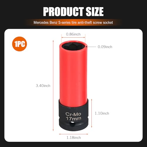 Image of Downhill Car Lug Nut Socket, 0.66 inch /17mm 1 /2 inch Drive Lug Nut Protective Socket, Anti-theft Screw Removal and Installation Socket Tool, Compatible with Mercedes Benz S /C /A /B Class (Red and Black)