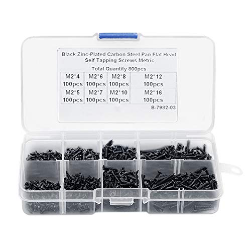 Runxingfu 800 Pieza M2 Negro Clavos Tornillos Avellanado Carbono Acero Plano Cabeza Autorroscante Métrico Tornillo Kit de Surtido