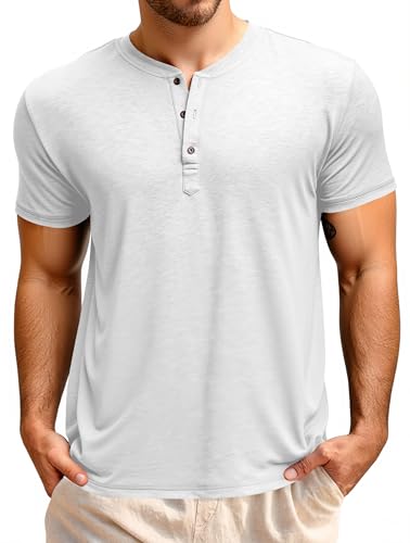 Runcati Camiseta de manga corta para hombre, camiseta Henley de verano, corte regular, parte superior para hombre, cuello redondo, monocolor, camisa básica, informal, camiseta con botones, Blanco, XL