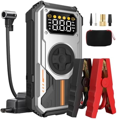 Eigotrav Car Battery Jump Starter with Air Compressor, Rechargeable Car Jumper Portable 6000A (Up to 7.5L Gas, 6L Diesel), LCD Display LED Flashlight Operating Temperature -20℃ to 70℃ (PD-270, 6000A)