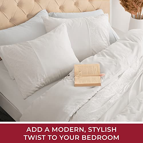 Image of Mellanni Duvet Cover Set - Soft & Cooling Microfiber - Wrinkle, Fade, and Stain Resistant - Button Closure and Corner Ties - Velvet Stripe (Queen, White)