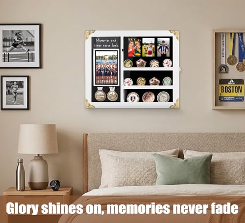Image of Medal Display Case for Athletes, Lighted Shadow Box with Photo Frame , Wall Mount Display Holder with Removable Shelves for Medals, Challenge Coins, Memorial Gift for Achievement, Collectors, White